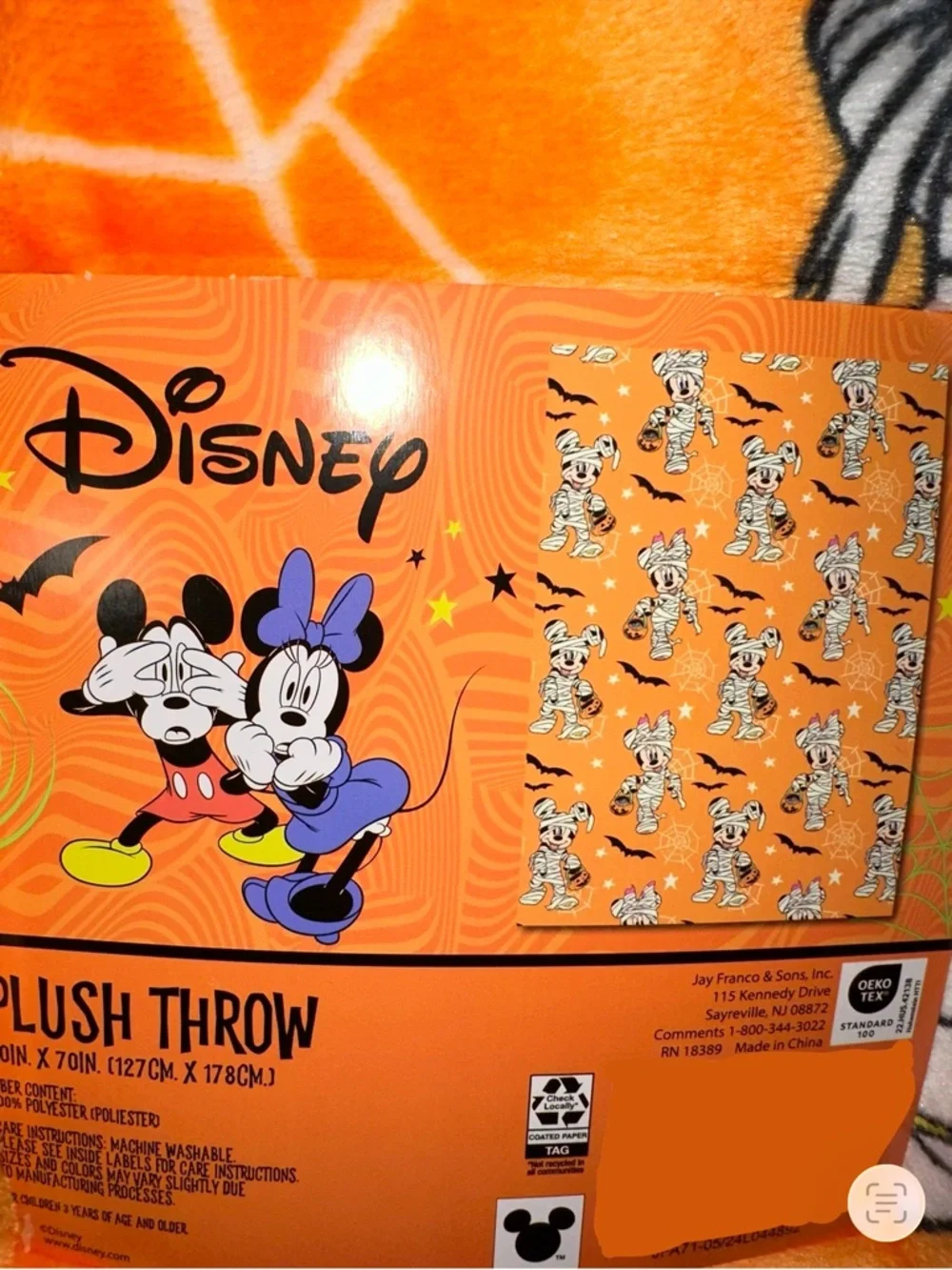 Disney Orange Halloween Mickey & Minnie Mummy Plush Throw Blanket